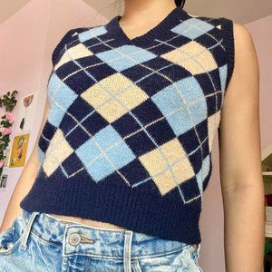 Blue and Tan Cropped Argyle Sweater Vest